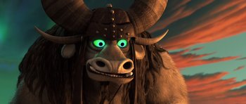 Movie still from “Kung Fu Panda 3” (2016), directed by Jennifer Yuh Nelson – An animal with horns and a helmet on it's head; Close Up shot, Low angle