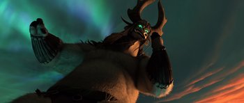 Movie still from “Kung Fu Panda 3” (2016), directed by Jennifer Yuh Nelson – An image of an animated creature with horns; Medium shot, Low angle