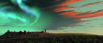 Movie still from “Kung Fu Panda 3” (2016), directed by Jennifer Yuh Nelson – An image of an aurora borealis in the sky; Extreme Wide shot, Low angle