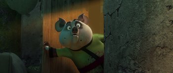 Movie still from “Kung Fu Panda 3” (2016), directed by Jennifer Yuh Nelson – A cartoon pig is looking at the camera; Medium shot, High angle