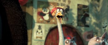 Movie still from “Kung Fu Panda 3” (2016), directed by Jennifer Yuh Nelson – An ostrich with an angry expression on its face; Close Up shot, Low angle