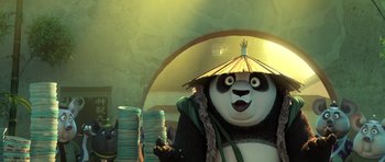 Movie still from “Kung Fu Panda 3” (2016), directed by Jennifer Yuh Nelson – A giant panda bear with a hat and umbrella; Medium shot, Low angle