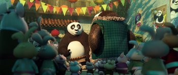 Movie still from “Kung Fu Panda 3” (2016), directed by Jennifer Yuh Nelson – A group of people standing next to each other in a room; Wide shot, Over the shoulder angle