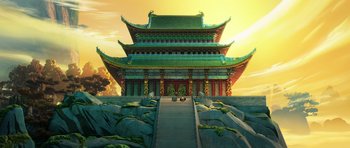 Movie still from “Kung Fu Panda 3” (2016), directed by Jennifer Yuh Nelson – An asian style building with stairs leading up to it; Extreme Wide shot, Low angle