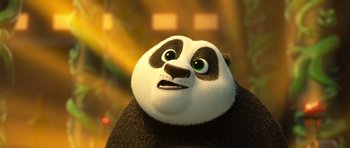 Movie still from “Kung Fu Panda 3” (2016), directed by Jennifer Yuh Nelson – A cartoon panda bear looking up; Close Up shot, Low angle