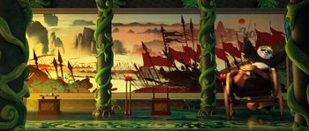 Movie still from “Kung Fu Panda 3” (2016), directed by Jennifer Yuh Nelson – A painting of a pirate ship in the middle of a room; Extreme Wide shot, High angle