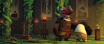 Movie still from “Kung Fu Panda 3” (2016), directed by Jennifer Yuh Nelson – An image of an animated character in a room; Wide shot, Low angle
