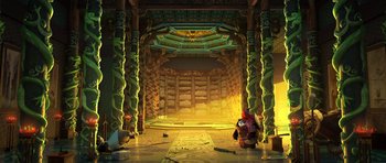 Movie still from “Kung Fu Panda 3” (2016), directed by Jennifer Yuh Nelson – An image of an asian temple with a monkey in it; Extreme Wide shot, Low angle