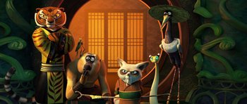 Movie still from “Kung Fu Panda 3” (2016), directed by Jennifer Yuh Nelson – A group of cartoon characters standing next to each other in front of an open door; Medium shot, Low angle