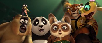 Movie still from “Kung Fu Panda 3” (2016), directed by Jennifer Yuh Nelson – A group of stuffed animals are standing next to each other; Close Up shot, Low angle