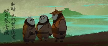 Movie still from “Kung Fu Panda 3” (2016), directed by Jennifer Yuh Nelson – A group of three pandas standing next to each other; Wide shot, Low angle
