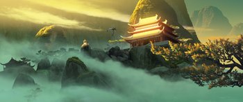 Movie still from “Kung Fu Panda 3” (2016), directed by Jennifer Yuh Nelson – An asian temple sits on top of a mountain; Extreme Wide shot, Low angle