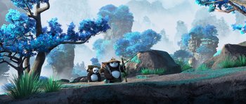 Movie still from “Kung Fu Panda 3” (2016), directed by Jennifer Yuh Nelson – A couple of animals standing on top of a hill; Wide shot, Low angle
