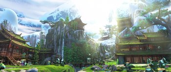 Movie still from “Kung Fu Panda 3” (2016), directed by Jennifer Yuh Nelson – An animated scene of a valley with a waterfall; Extreme Wide shot, Low angle