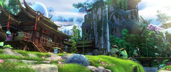 Movie still from “Kung Fu Panda 3” (2016), directed by Jennifer Yuh Nelson – An animated picture of a mountain with a waterfall in the background; Extreme Wide shot, Low angle