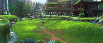 Movie still from “Kung Fu Panda 3” (2016), directed by Jennifer Yuh Nelson – An image of an animated scene of a house in the middle of the day; Extreme Wide shot, High angle