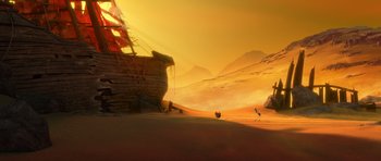 Movie still from “Kung Fu Panda 3” (2016), directed by Jennifer Yuh Nelson – An image of a ship in the desert at sunset; Extreme Wide shot, High angle