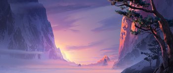 Movie still from “Kung Fu Panda 3” (2016), directed by Jennifer Yuh Nelson – An illustration of a mountain range with a sunset in the background; Extreme Wide shot, Low angle