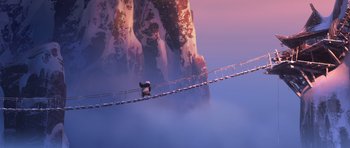 Movie still from “Kung Fu Panda 3” (2016), directed by Jennifer Yuh Nelson – A bird sitting on top of a bridge over a body of water; Extreme Wide shot, Low angle