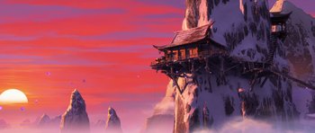 Movie still from “Kung Fu Panda 3” (2016), directed by Jennifer Yuh Nelson – An oriental style house on a cliff in the mountains; Extreme Wide shot, Low angle
