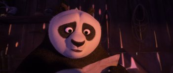 Movie still from “Kung Fu Panda 3” (2016), directed by Jennifer Yuh Nelson – A cartoon panda with a knife in his hand; Close Up shot, Over the shoulder angle