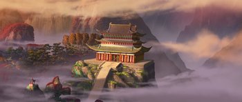 Movie still from “Kung Fu Panda 3” (2016), directed by Jennifer Yuh Nelson – An asian style building sitting on top of a mountain; Extreme Wide shot, High angle