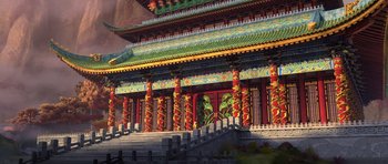 Movie still from “Kung Fu Panda 3” (2016), directed by Jennifer Yuh Nelson – A building that has many pillars on the side of it; Extreme Wide shot, Low angle