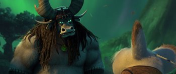 Movie still from “Kung Fu Panda 3” (2016), directed by Jennifer Yuh Nelson – An image of an animated character with horns and green eyes; Medium shot, Low angle