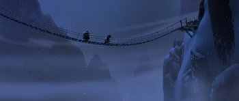 Movie still from “Kung Fu Panda 3” (2016), directed by Jennifer Yuh Nelson – Two people sitting on top of a rope bridge; Extreme Wide shot, High angle