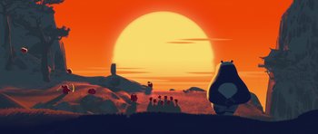 Movie still from “Kung Fu Panda 3” (2016), directed by Jennifer Yuh Nelson – A group of people standing on top of a grass covered field; Wide shot, Low angle