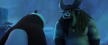 Movie still from “Kung Fu Panda 3” (2016), directed by Jennifer Yuh Nelson – A large horned animal standing next to another animal; Medium shot, Over the shoulder angle