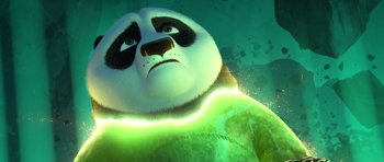 Movie still from “Kung Fu Panda 3” (2016), directed by Jennifer Yuh Nelson – A panda bear with a light shining on it; Close Up shot, Low angle