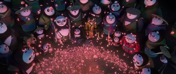 Movie still from “Kung Fu Panda 3” (2016), directed by Jennifer Yuh Nelson – A lot of pandas in the picture; Wide shot, High angle
