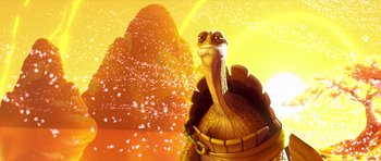 Movie still from “Kung Fu Panda 3” (2016), directed by Jennifer Yuh Nelson – An image of an animated snake in a desert setting; Close Up shot, Low angle