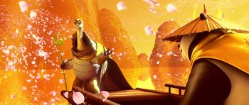 Movie still from “Kung Fu Panda 3” (2016), directed by Jennifer Yuh Nelson – An image of an animated character on a boat in the water; Wide shot, Low angle