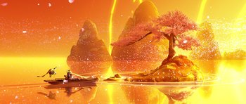 Movie still from “Kung Fu Panda 3” (2016), directed by Jennifer Yuh Nelson – An orange landscape with a tree and a boat in the water; Extreme Wide shot, High angle