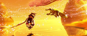 Movie still from “Kung Fu Panda 3” (2016), directed by Jennifer Yuh Nelson – A bear and a dog are fighting in a yellow background; Wide shot, Low angle