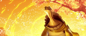 Movie still from “Kung Fu Panda 3” (2016), directed by Jennifer Yuh Nelson – An image of an animated character in the sky; Close Up shot, Low angle