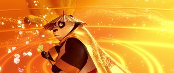 Movie still from “Kung Fu Panda 3” (2016), directed by Jennifer Yuh Nelson – A panda bear wearing a hat and a gold cape; Close Up shot, Low angle