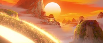 Movie still from “Kung Fu Panda 3” (2016), directed by Jennifer Yuh Nelson – An image of an oriental landscape with a sun setting in the background; Extreme Wide shot, Low angle