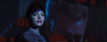 Movie still from “La La Land” (2016), directed by Damien Chazelle – A beautiful woman with blue eyes looking into the distance; Close Up shot, Low angle