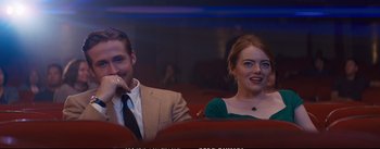 Movie still from “La La Land” (2016), directed by Damien Chazelle – A man and a woman sitting next to each other; Medium shot, Over the shoulder angle