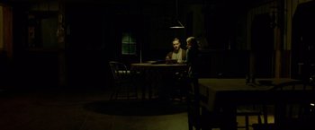 Movie still from “Lawless” (2012), directed by John Hillcoat – Two people sitting at a table in a dark room; Wide shot, Over the shoulder angle