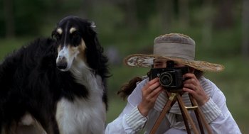 Movie still from “Legends of the Fall” (1994), directed by Edward Zwick – A woman taking a picture of a dog with a hat on; Close Up shot, Over the shoulder angle
