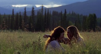 Movie still from “Legends of the Fall” (1994), directed by Edward Zwick – Two people sitting in a field of tall green grass; Wide shot, Low angle