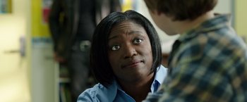 Movie still from “Lights Out” (2016), directed by David F. Sandberg – A person looking at a person; Close Up shot, Over the shoulder angle