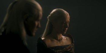 Movie still from “House of the Dragon” (2022), created by George R.R. Martin – Close Up shot, Over the shoulder angle