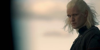 Movie still from “House of the Dragon” (2022), created by George R.R. Martin – Close Up shot, Over the shoulder angle