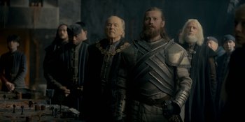 Movie still from “House of the Dragon” (2022), created by George R.R. Martin – Medium shot, Low angle