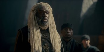 Movie still from “House of the Dragon” (2022), created by George R.R. Martin – Close Up shot, Low angle